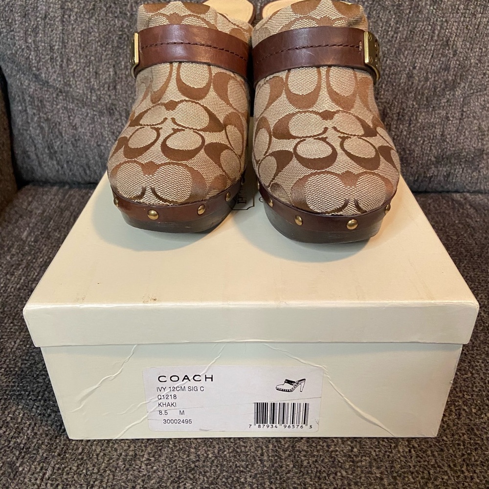 Coach Brown Signature Leather Studded Mule Clogs Heel Sz 8.5 - Picture 5 of 5